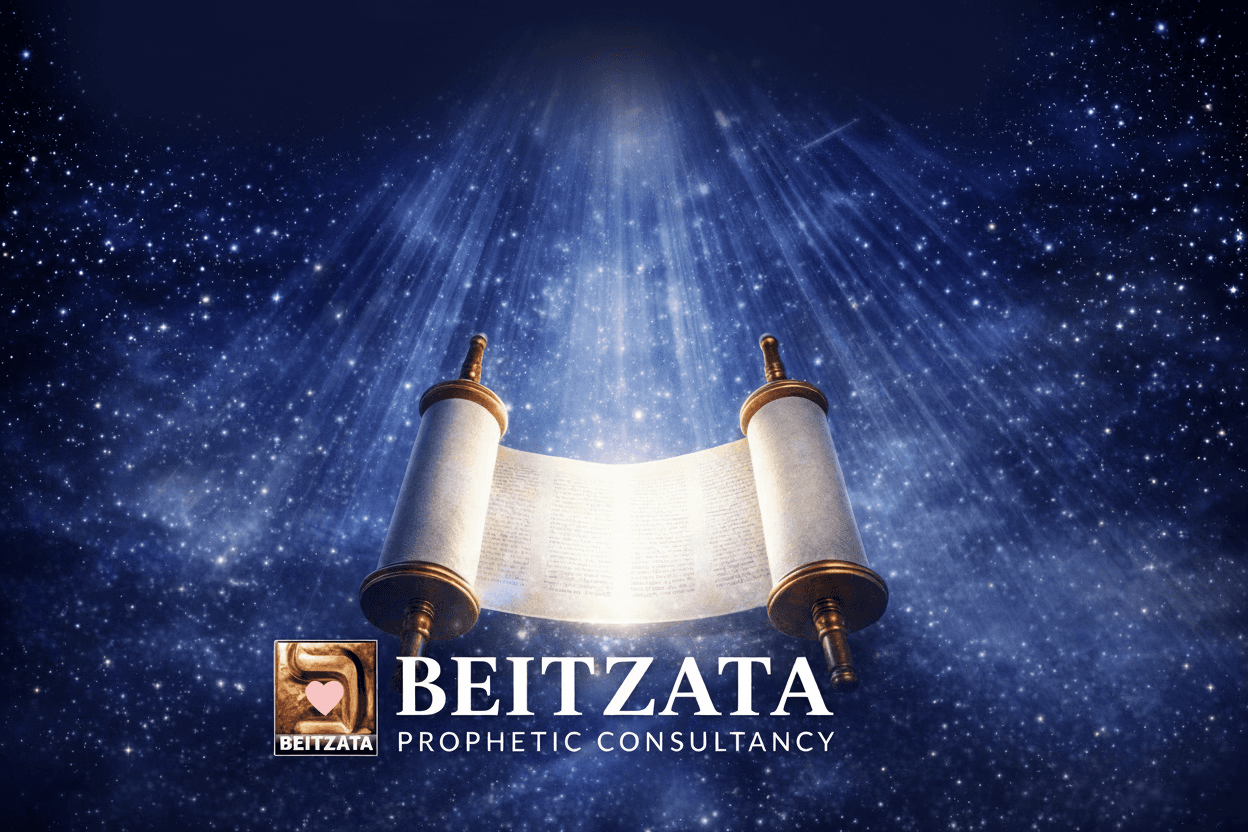 Glowing Torah scroll under divine light in a starry sky with Beitzata Prophetic Consultancy logo.