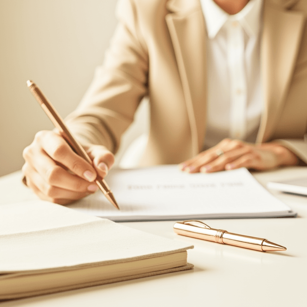 Professional in a beige blazer writing on paper with a gold pen at a desk.