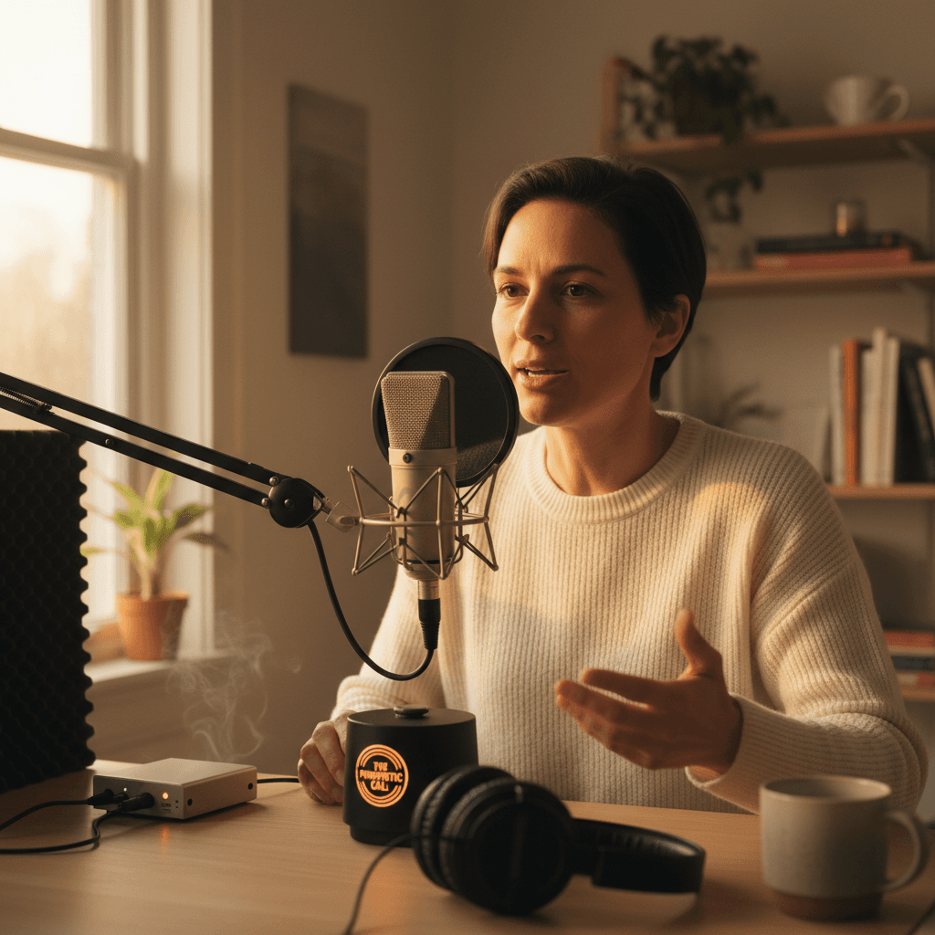 Radio broadcaster's hands adjusting mixing console faders and controls during live streaming broadcast session