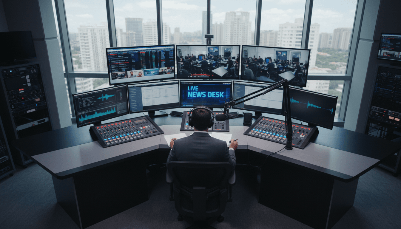 Professional radio host at control console during live news broadcast, surrounded by broadcasting equipment and monitors