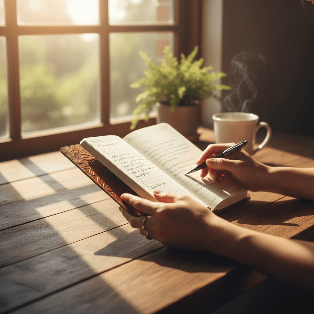 Woman's hands holding pen and open journal at wooden desk near bright window with tea and plant