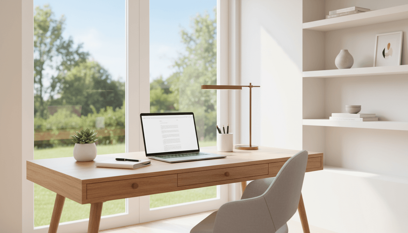 Minimalist home office workspace with laptop, plants, and abundant natural light for content creation and blogging