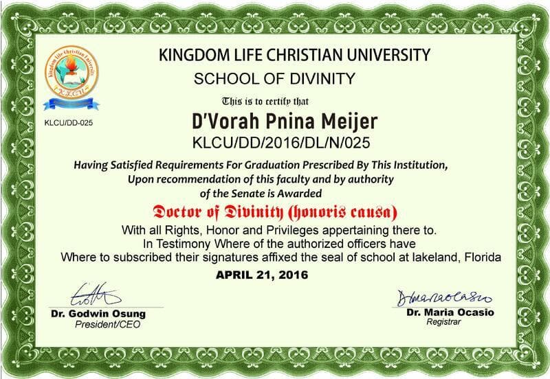 Kingdom Life Christian University honorary Doctor of Divinity certificate for D'Vorah Pnina Meijer, 2016.