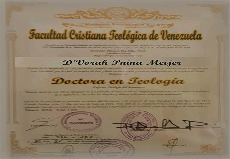 Doctor of Theology certificate for D'Vorah Pnina Meijer from Facultad Cristiana Teológica de Venezuela.