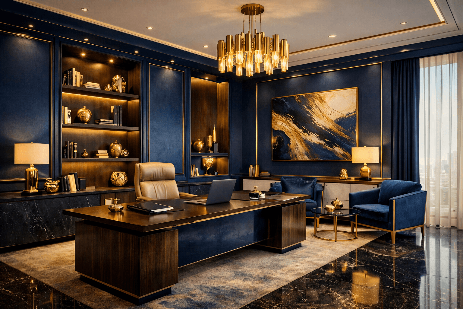 Luxurious navy and gold executive office featuring a large desk and a modern gold chandelier.