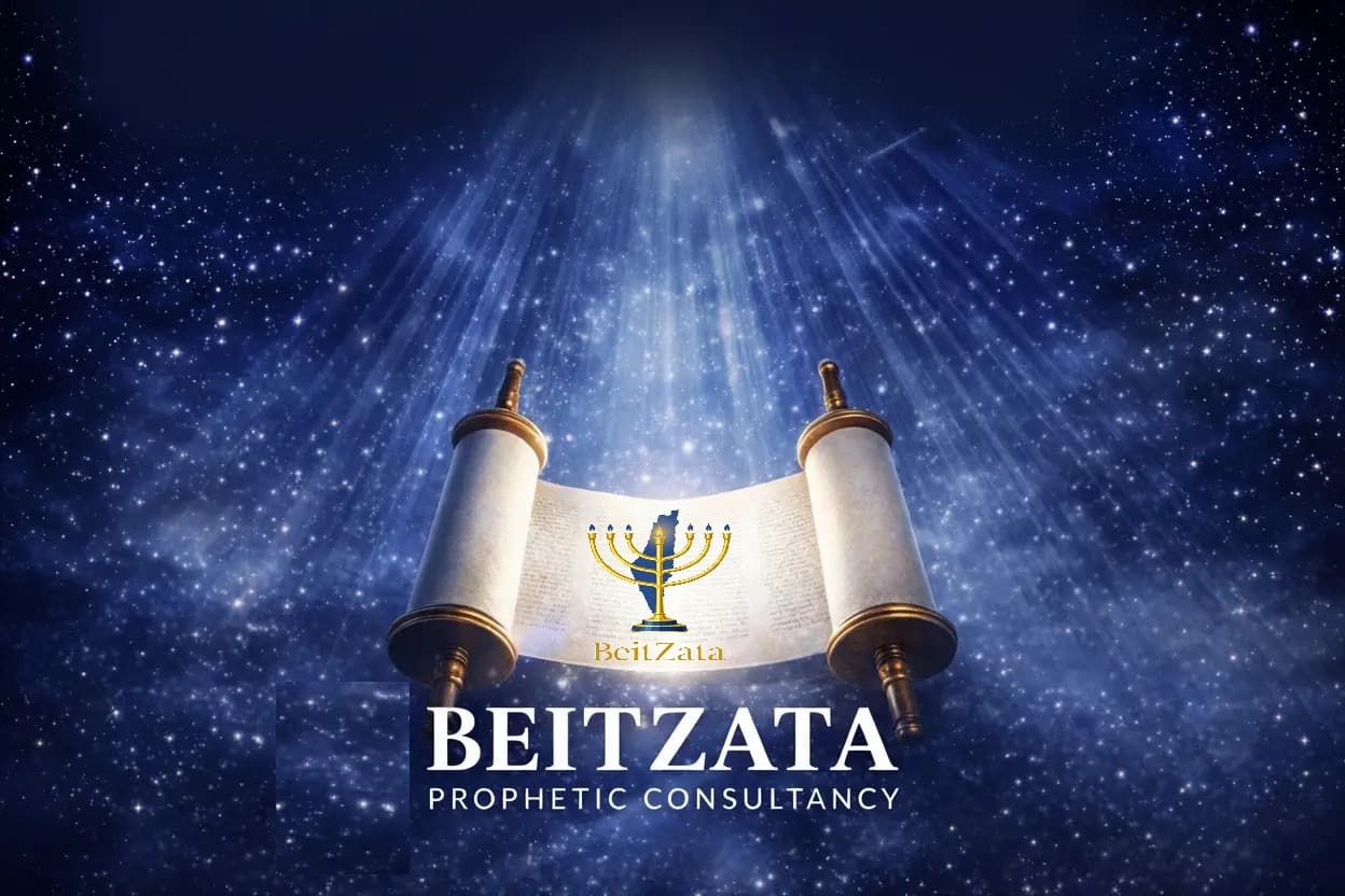 Glowing Torah scroll in a starry cosmos with divine light beams and Beitzata Prophetic Consultancy.